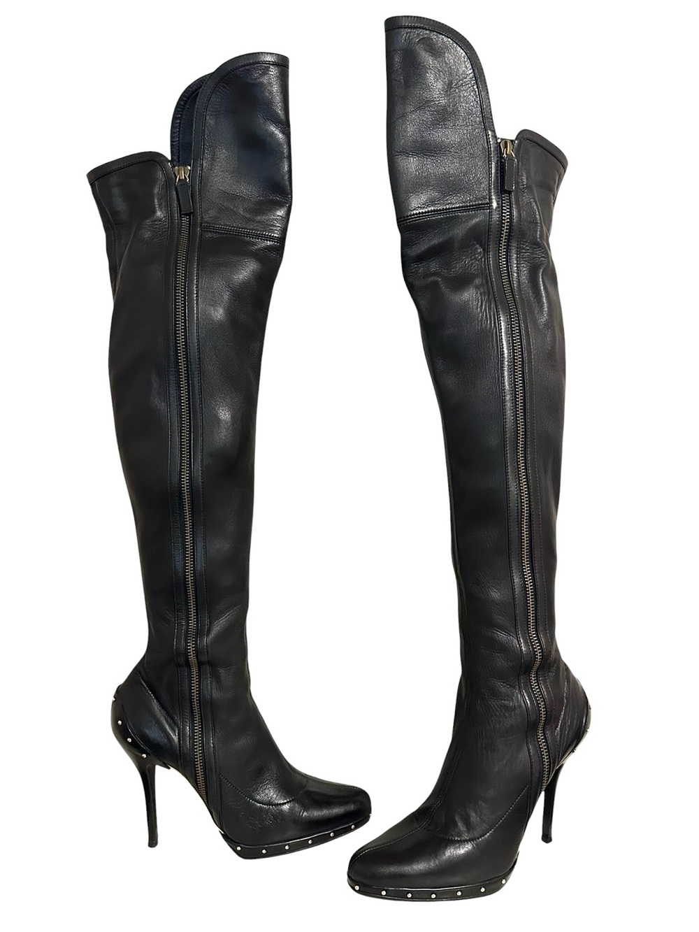 GUCCI Tom Ford Era Black Leather Studded Platform Stiletto OTK Boots